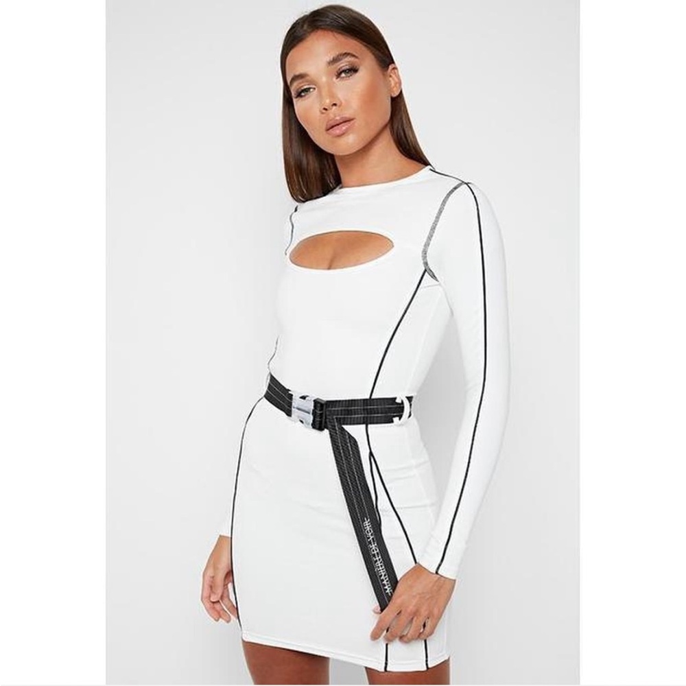 NWT MANIÈRE DE VOIR White Long Sleeve Bodycon Belted Cutout Dress UK6
